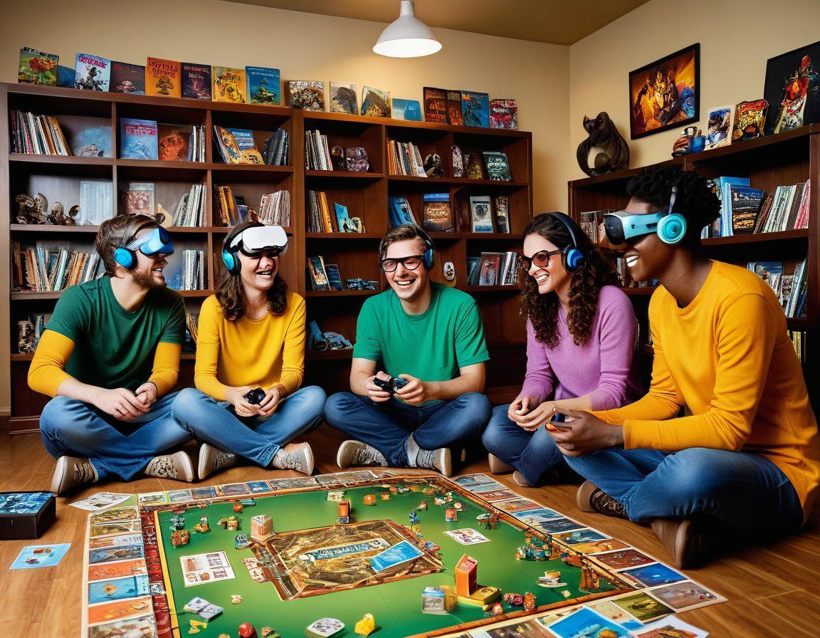 A whimsical and lively scene depicting diverse people of various ages playing board games and engaging in virtual reality experiences together. Include colorful game pieces scattered around, virtual reality headsets, and laughter echoing in a cozy, inviting room filled with game posters and shelves of board games. The atmosphere should feel playful and inclusive, capturing the joy of shared gaming adventures. vibrant colors. 3D.