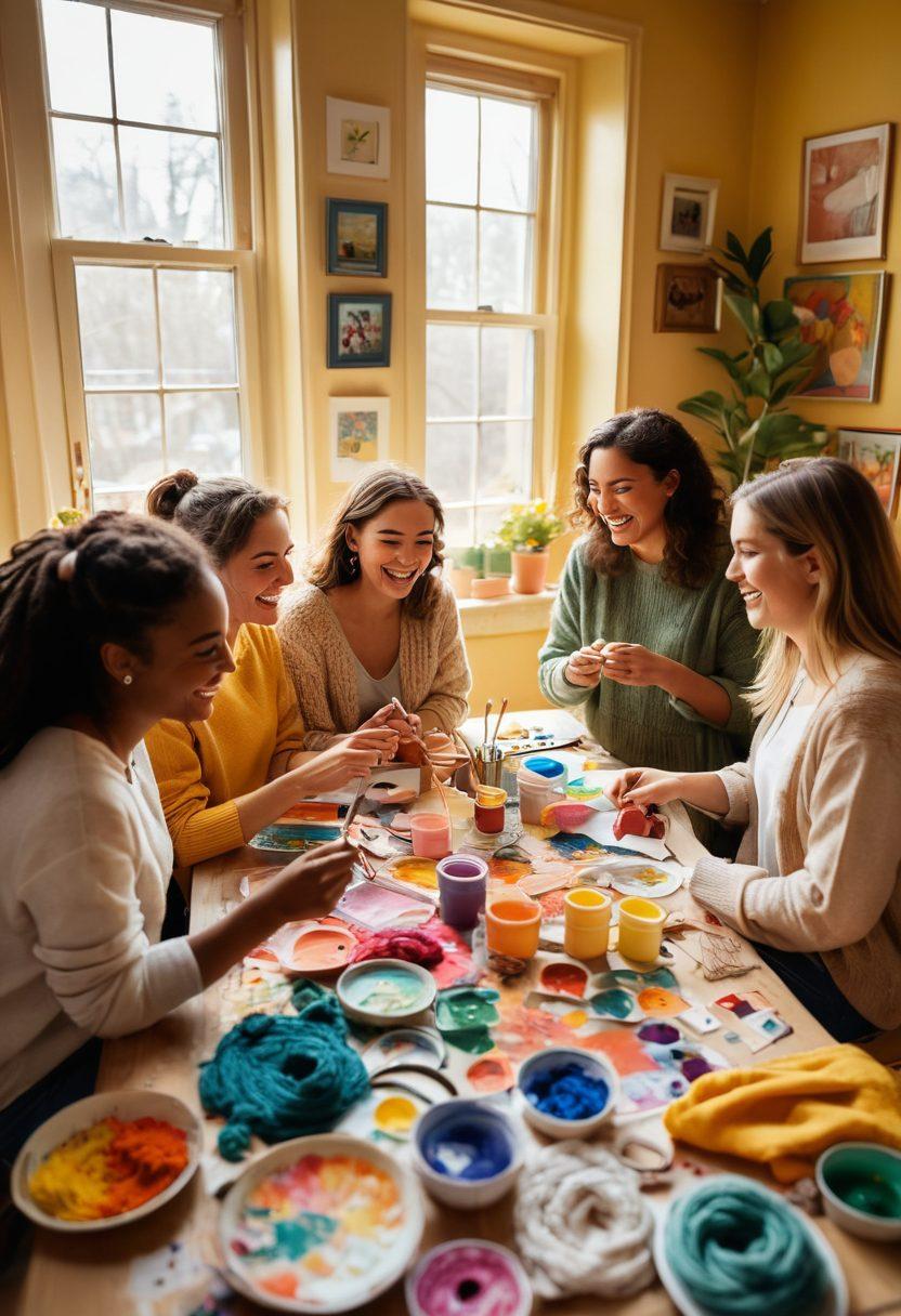 A cozy scene featuring a diverse group of friends happily engaged in various crafting activities, such as painting, knitting, and scrapbooking. Brightly colored materials and tools scattered around them, with warm sunlight streaming in through a window, creating an inviting atmosphere. Framed memories and cheerful decorations on the walls. The expressions of joy and creativity radiate a sense of camaraderie and fun. vibrant colors. super-realistic.